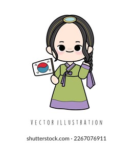 Korean girl in hanbok dress. South Korea. Vector illustration