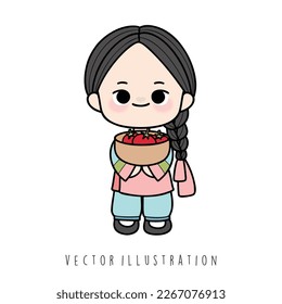 Korean girl in hanbok dress. South Korea. Vector illustration