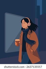 Korean girl in headphones with coffee in her hands walking around the city. Vector stock illustration eps10.