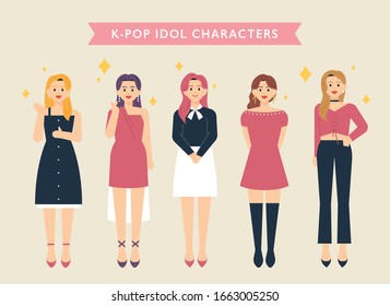 Korean girl idol character set. flat design style minimal vector illustration.