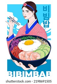 A Korean girl in a national costume with chopsticks in her hand and a plate of bibimbap. Vector illustration