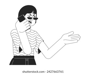 Korean girl screaming into phone black and white 2D line cartoon character. Conflict over cellphone woman isolated vector outline person. Emotional body language monochromatic flat spot illustration