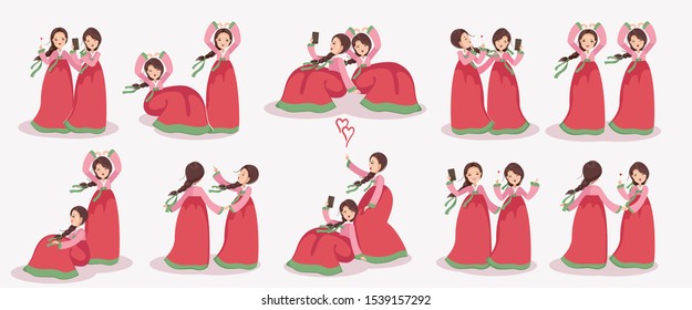 Korean girl set. A couple of friends dress in hanbok. Emotions and gestures of korean women retro. Tourists dressing up in korean style.