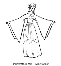 Korean girl in traditional Korean dress in a dancing pose. Vector, black and white illustration. Can be used for printing
