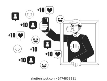 Korean guy making selfie for social media black and white 2D line cartoon character. Asian young male blogger isolated vector outline person. Fashion influencer monochromatic flat spot illustration