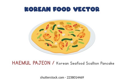 Hemul Pajeon coreano - Diseño vectorial plano de Scallion Pancake de mariscos coreanos, estilo de dibujos animados clipart. La comida asiática. Cocina coreana. Comida coreana