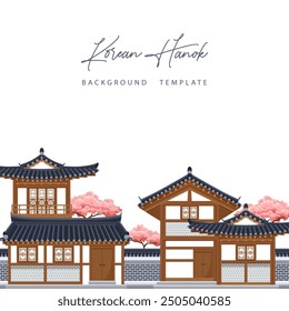 Korean hanok background. Korean traditional house with stone wall fence and cherry blossom trees.