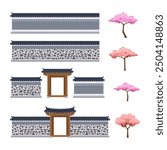 Korean hanok fence clipart set. Traditional stone fence, gate, and cherry blossom trees.