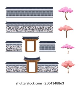 Korean hanok fence clipart set. Traditional stone fence, gate, and cherry blossom trees.