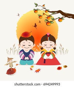 Festivales coreanos felices de otoño. Un hombre de traje hanbok tradicional coreano y un personaje de chica te saludan bajo una gran luna roja y un árbol de persimón. Trato cálido y tradicional.