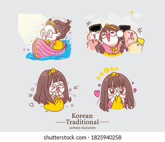  Korean happy cute girls character in traditional korean hanbok dress cartoons. set illustration logo. Premium Vector