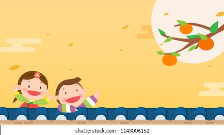 Korean Harvest Festival (Chuseok or Hangawi) background vector illustration. Persimmon tree with kids in Korean traditional costume.