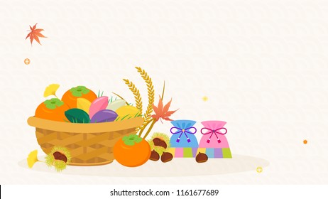 Korean Harvest Festival (Chuseok or Hangawi) background vector illustration. Basket of Persimmons, Songpyeon(rice cake), ear of rice and chestnuts.