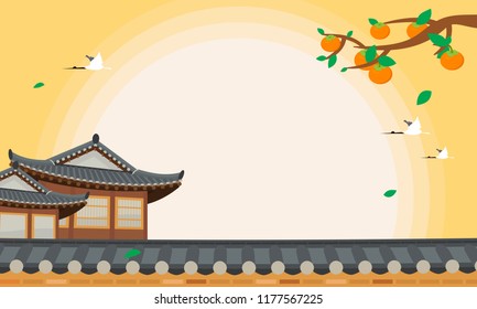 Korean Harvest Festival (Chuseok or Hangawi) background vector illustration. Persimmon tree with Korean traditional house. Korean Harvest Festival (Chuseok or Hangawi) background vector illustration. Persimmon tree with Korean traditional house.