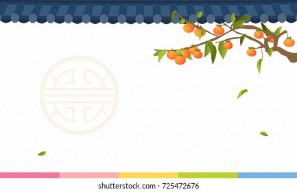 Korean Harvest Mid Autumn Festival (Chuseok or Hangawi) Background vector illustration, Persimmon tree with traditional Korean pattern.