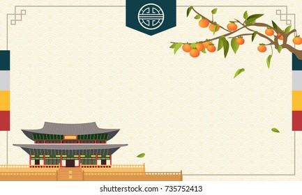 Korean Harvest Mid Herbst Festival (Chuseok oder Hangawi) Hintergrund, Vektorgrafik, Persimmon Baum mit traditionellem koreanischem Palast