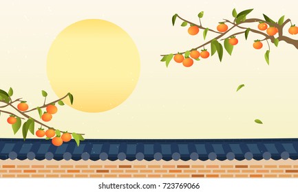 Korean Harvest Mid Autumn Festival(Chuseok) Background vector illustration, Persimmon tree with traditional Korean stone wall fence. 