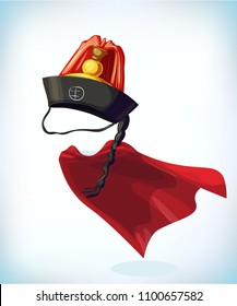 korean hat. Masquerade costume headdress. Carnival or Halloween mask. Cartoon Vector illustration. Funny super hero flying with cloak. Funny super hero flying with cloak.