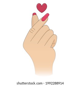 Korean heart. Finger gesture. Expressing love with a romantic gesture. Colored vector illustration. Isolated white background. Valentines Day. A love sign made from crossed forefingers and thumbs. 