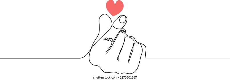 Korean heart finger sign in continuous one line drawing. Minimalistic line art. Spreading love concept.