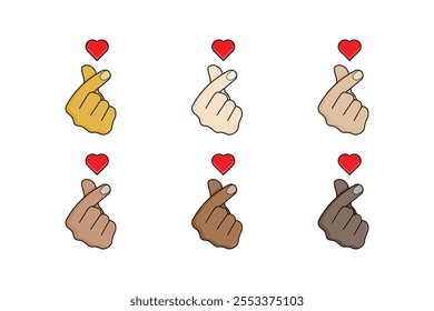 Korean heart finger, symbol of love, right hand seen from the front with different skin colors
