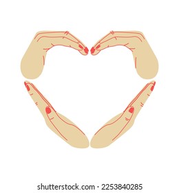 korean heart from hands, fingers, boho, flat illustration, isolated on the white background, love, retro style