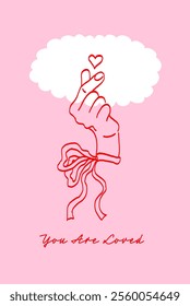 Korean Heart Line Art. Valentine’s Day Greeting card. Hand with Ribbon Making Heart Gesture. 