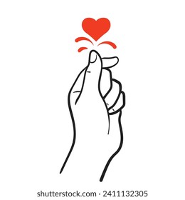 Korean Heart, Popular Sign Symbol Thumb and Index Finger, Hand Drawn Vector Illustration
