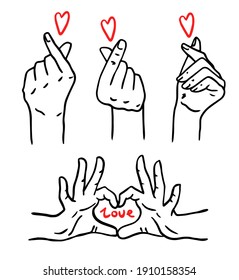 Korean heart sign. Finger love symbol. Happy Valentines Day. I love you hand gesture. Vector illustration. Self love. Korean heart design for print greeting cards, banner, poster