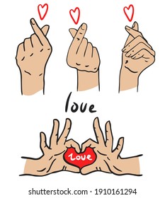 Korean heart sign. Finger love symbol. Happy Valentines Day. I love you hand gesture. Vector illustration. Self love. Korean heart design for print greeting cards, banner, poster