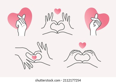 Korean heart sign. Finger love symbol. Happy Valentines Day. I love you hand gesture. Illustration Love yourself concept. Hand drawn design for print greeting cards, banner, poster