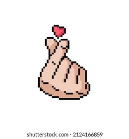 Korean Heart Sign. Finger Love Symbol.  I Love You Hand Gesture. Pixel Art.