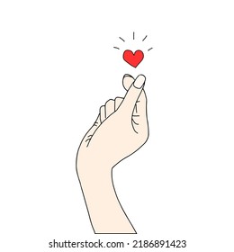 Korean heart sign. Finger love symbol. Happy Valentines Day. I love you hand gesture. Vector illustration. Self love. Korean heart design for print greeting cards, banner, poster