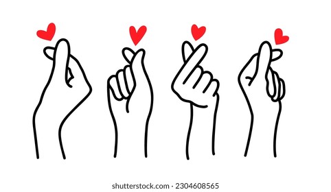 Korean heart sign. Finger love symbol. Happy Valentines Day. I love you hand gesture. Vector illustration isolated on white background. Hand drawn design for print greeting cards, banner, poster