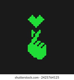 Korean heart sign minimalist vector illustration. Hand with index finger and thumb crossed in mini heart shape simple icon. Acid green color heart design element. Rave psychedelic 90s style