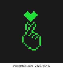 Korean heart sign minimalist vector illustration. Hand with index finger and thumb crossed in mini heart shape simple icon. Acid green color heart outline design element. Rave psychedelic 90s style.