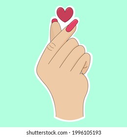 Korean heart. Sticker on a white backing. Finger gesture. Colored vector illustration. Isolated delicate background. Cartoon style. Idea for sticker, web design, invitation, postcard, valentine. 