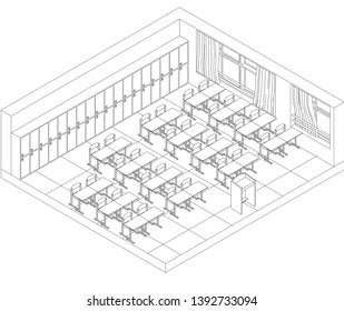 Korean high school classroom isometric vector line