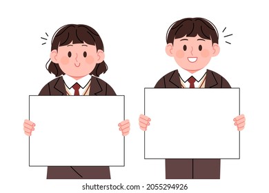 Korean High School Student Character In School Uniform. Boys And Girls Holding Blank Signs For Writing Text.