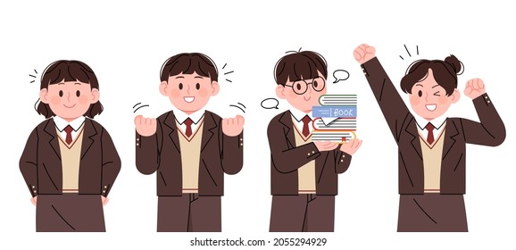 Korean High School Student Character In School Uniform. High School Students Who Are Cheering And Confident.
