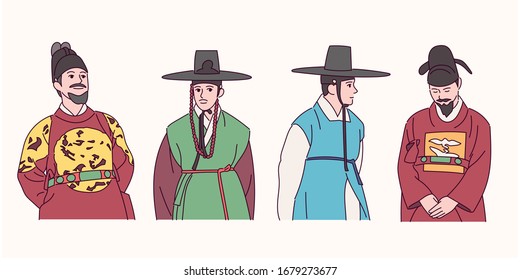 Korean history traditional costume character collection. Kings, servants and noble men. hand drawn style vector design illustrations. 