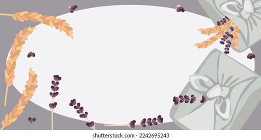 Korean holiday Chusok. A postcard with a traditional Korean gift in a package. A frame with gifts and decorations. Vector illustration in a flat design style. Wedding decoration on a purple background