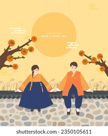 korean holiday, couple in korean traditional dress hanbok