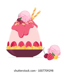 Korean ice shaving dessert with frozen fruit and scoop of strawberry ice cream vector illustration