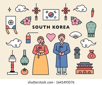 Korean iconic icons. Male and female characters dressed in Korean traditional clothing. flat design style minimal vector illustration.