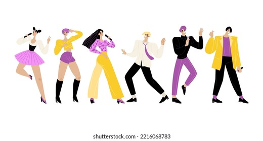 Conjunto de ilustraciones de ídolos coreanos. Agradables jóvenes cantando y bailando. Imagen de grupo pop K en estilo plano