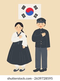 Korean illustration with a man and woman wearing hanbok and saluting the national flag