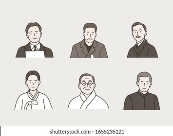 Korean independence fighters portrait. Hand drawn style vector design illustrations.