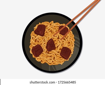 Korean instant food. Ram-Don or Chapaguri noodles with beef steak in a plate. Japaguri is a popular South Korean dish with ramen and udon noodles, as well as beef steak. Vector illustration.