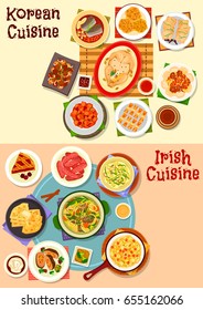 Korean And Irish Cuisine Icon Set. Grilled Meat, Pork Sausage, Kimchi Cabbage, Rice And Potato Pancake, Meat Vegetable Stew, Chicken Soup, Beef Roll, Fish In Soy Sauce, Fried Tofu, Cherry Pie